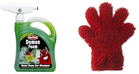CarPlan Demon Snow Foam Car Shampoo with Gun, 2 L + CarPlan Demon 2 in 1 Noodle Wash Mitt - Super Absorbent Microfibre Wash Mitt