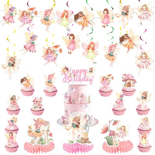 Rainway - Kit de decoración de cumpleaños, hadas de 44 piezas, guirnaldas de feliz cumpleaños, colgantes de nido de abeja y toppers, decoración de fiesta encantada y floral para celebración mágica y