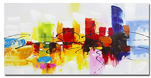 Tableau abstrait peint à la main Fokenzary, toile sur châssis prête à accrocher au mur, couleurs lumineuses, rouge, vert, brun, bleu, Toile, bleu, 20x40in