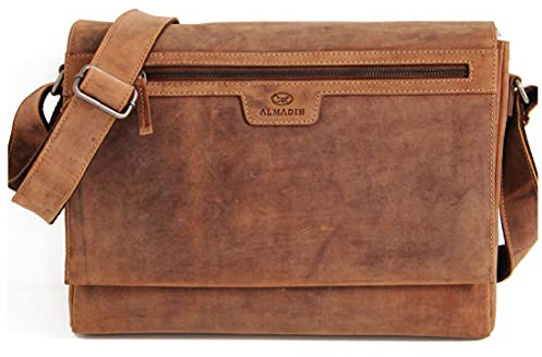 ALMADIH Leder Umhängetasche Herren 14 Zoll Laptoptasche MIO braun, viele Fächer für schmale A4 Ordner Ledertasche Aktentasche Messenger Unitasche Schultertasche Damen braun (MIO vintage)