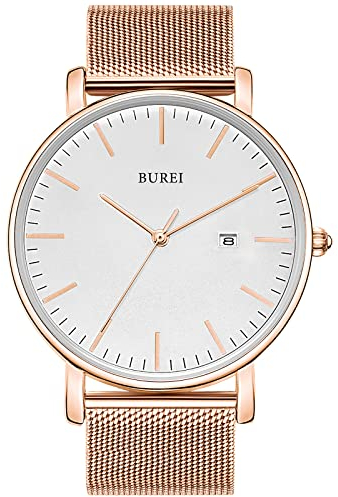 BUREI Ultra Dünne Uhren Herren Analoges Datum Armbanduhr Herren mit Japanisches Quarzwerk, Geschenke für Männer (Weißes Roségold, Edelstahl)