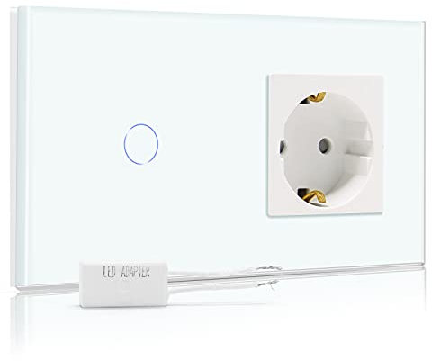 BSEED Dimmer Schalter mit Steckdose mit LED Anzeige 1 Fach 2 Weg Berühren Sie Das Sensorfeld Touchscreen Wandsteckdosen Led Dimmer Touch Lichtschalter Weiß