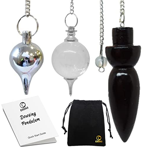 PENDULE DIVINATOIRE RADIESTHESIE, Lot de 3, Égyptien bois + Goutte Métal Laiton + Boule Cristal de Roche Quartz, Idéal Sourcier, Géobiologie, Voyance, Magnétiseur [GARANTIE A VIE] Esoas