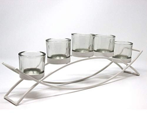 Seraphic Iron Arch Table Centerpiece Decorations Tealight Votive Candle Holder for Weddings, Patio, Kitchen, Dining Room, and Coffee Tables, White, Clear Chunky 5 Cups