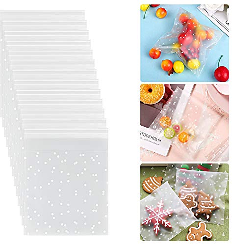 Favengo 400 Stück Cellophantüte Selbstklebend Plastiktüten Klein Kekstüten Transparent Geschenktüten Flachbeutel OPP Tüten mit Polka Dot Muster für Süßigkeiten Kekse Schokolade Plätzchen 10x10cm