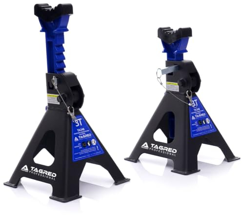 Verda Unterstellböcke 3T, 295-425 mm, VERSTÄRKT Wagenheber Ständer Modellwahl Wagenbock Werkstattstände Profi Reifenwechsel Abstellbock Auto Heber Stützböcke (1 Paar 3T mit Sicherung und Gummi)