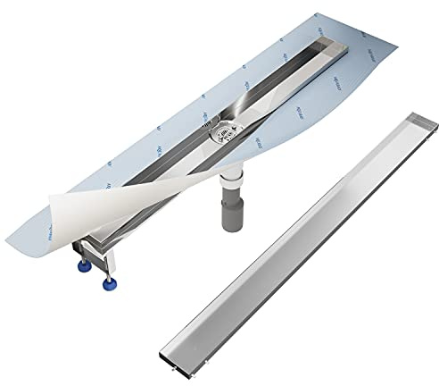 Aquabad Duschrinne SDS Premium aus poliertem V2A Edelstahl, Länge 100 cm, senkrechter Abgang Mitte, Komplett Set mit Blende: Bord, Siphon und Haarsieb