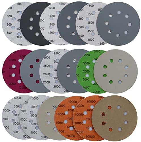 Aewio 24PCS 5 inch 8 Hole #800-#10000 Sanding Discs 800 1200 1500 2000 2500 3000 5000 10000 Grit Wet Dry Sandpaper Compatible for Random Orbital Sanders (#800-#10000 8Kind Grit Each 3PCS)