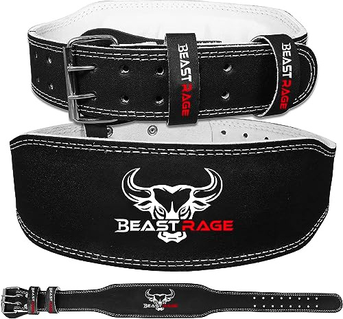 BEAST RAGE Tyngdlyftningsbälte i läder för tung användning Gym Bodybuilding Träning Tyngdlyftningsbälte Justerbara hål 4” Vadderat ryggstöd för ländryggen (UT6, L)