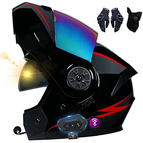 Bluetooth Motorcycle Modular Helmet Flip Up Front Motorbike Helmet, ECE Approved, Built In Dual Visors, High Strength Shell, Comfortable And Breathable Lining, Free Gloves And Mask