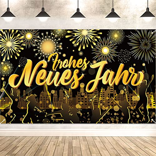 DPKOW Frohes Neues Jahr Banner für 2026 Silvester Deko Deutsch, Schwarzes Gold Hintergrund Banner für Neujahr Deko Innen Außen, 185 * 110cm