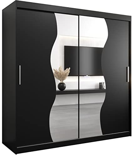 KRYSPOL Schwebetürenschrank Madryt 200 cm mit Spiegel Kleiderschrank mit Kleiderstange und Einlegeboden Schlafzimmer- Wohnzimmerschrank Schiebetüren Modern Design (Schwarz)