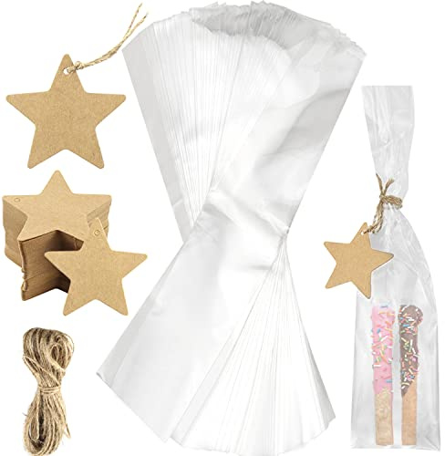 Sacchetti Cellophane Trasparenti per Alimenti 32 X 7 cm 100 Pezzi Bustine OPP Plastica con Etichette Regalo in Carta Kraft 20 Metri di Spago di Iuta per Caramelle Candele Gioielli