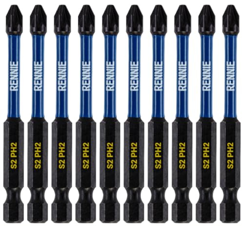 10 x Rennie Tools 75mm Long PH2 Impact Screwdriver Driver Bits Set | Magnetic Phillips No.2 Heavy Duty Impact Driver Bit Set. Long PH2 Bits. Hex Shank. Cross Head Long PH2 Bits. Oxide Coated