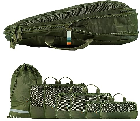 TRAVEL DUDE Packwürfel Set mit Kompression aus recycelten Plastikflaschen | Leichte Packing Cubes | Packtaschen Set für Rucksack & Koffer (Wald Grün, 7-teiliges Set)