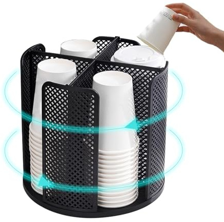 GAESHOW Rotatable Cup and Lid Organizer, Paper & Disposable Cup Dispenser, 360 Rotatable Cup Holder Rack with 4 Compartments for Countertop Home Office Coffee Shop