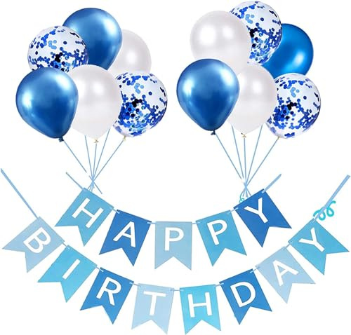 Luftballons Geburtstag Dekoration Set, blau weiße Geburtstagsdeko Happy Birthday deko Banner Party Deko Geburtstag Set mit blau weiße Luftballons Konfetti Ballons（BLUE)