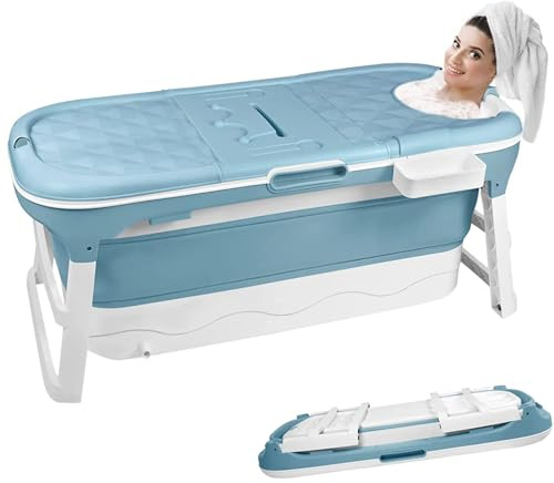 XMTECH Vikbart badkar vuxna, mobilbadkar fristående för badrum 128 x 60 x 53 cm, bärbar hopfällbar badtunna, XL med badkarshylla och massagerullar för litet badrum och utomhus