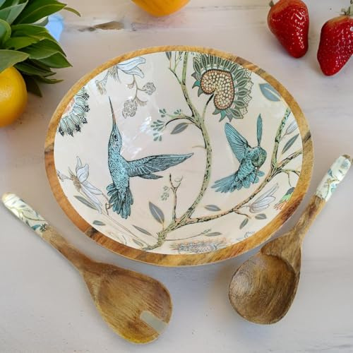 Hartsmede Wooden Salad Set 12 with Spoons – Handmade Mango Wood Serving Dish with Enamel Interior, Eco-Friendly Fruit & Salad Server for Pasta, Snacks & Kitchen Table Display (Hummingbird)
