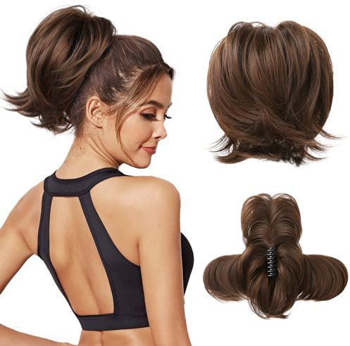 REECHO Messy Bun Hair Piece, Claw Clip Hair Bun Short Ponytail Extension with Bendable Metal Wire Fake Bun Hair Pieces for Women - Chocolate Brown