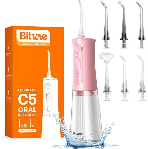 Irrigador bucal inalámbrico, limpiador dental eléctrico Bitvae 3 modos y 5 intensidades, ganador de la prueba del irrigador bucal con 6 puntas de chorro, ducha de dientes portátil para eliminar restos