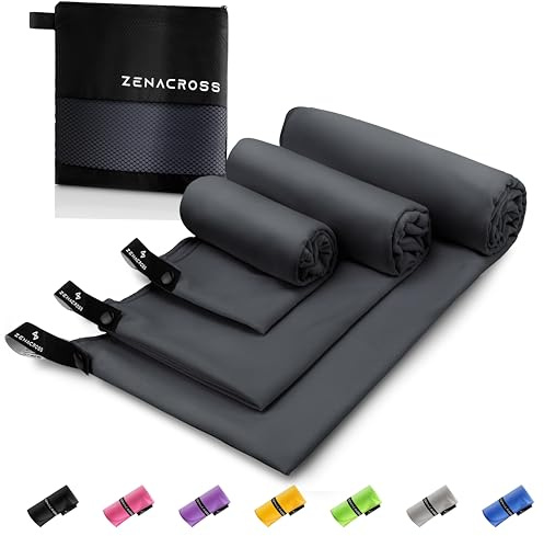 Zenacross Mikrofiberhandduk (Set om 3) med Transportväska - Kompakt Sporthandduk, Snabbtorkande och Absorberande S, M, L - Bluu ya Giza | Mörkgrå – fitnesshandduk – resehandduk – mikrofiberhanddukar – med transportväska – 70 x 140 cm, 50 x 100 cm, 50 x 30 cm