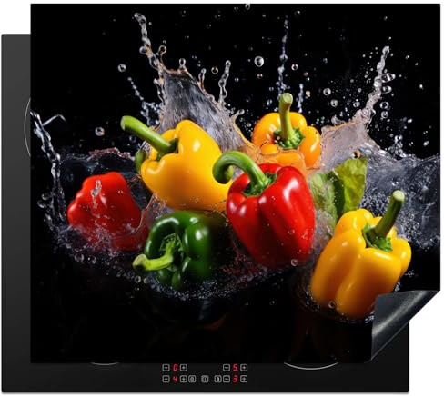 KitchenYeah© Herdabdeckplatte Einteilig Herdabdeckung Abdeckplatte für | 60x52 cm - Ceranfeld Abdeckung Induktionskochfeld Aufrollbare Matte Süßer Pfeffer - Schwarz - Wasser - Gemüse - Rot - Gelb