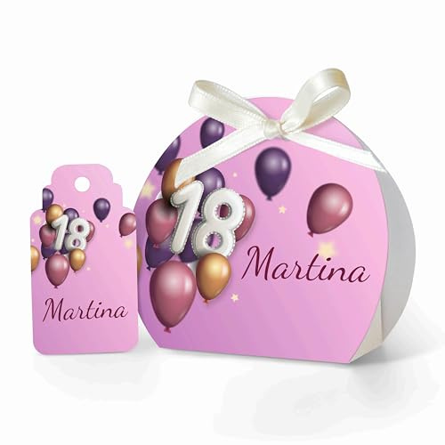 FAMÀ – Scatoline Portaconfetti Compleanno Semicerchio 18 Anni Base Lilla - Bomboniera Personalizzabile in Cartoncino Pregiato - 24 Scatoline + 24 Tag