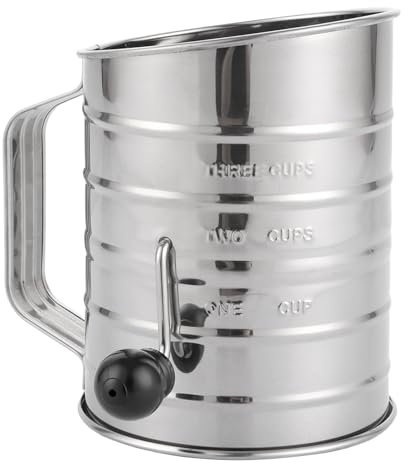 ZOFUN 3 Cup Mehlsieb Edelstahl, Puderzuckerstreuer Puderzuckermühle mit Drahtrührwerken für Schnelles Sieben, mit Feinmaschigem Sieb und Gestempelter Messung für Backmehl und Puderzucker