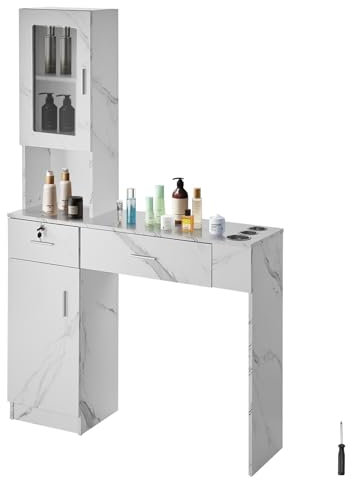 VEVOR Salon Station, Wall Mount Barber Salon Station for Hair Stylist, Beauty Spa Furniture Set, 1 Storage Cabinet, 3 Cubbies and 2 Drawers(One Lockable), White