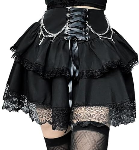 SEAUR Minikjol dam svart gotisk punk rock kort en linje steampunk goth rock cosplay party klubb wear, A-svart, S
