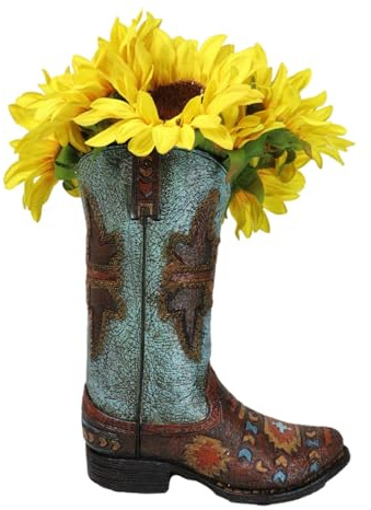 Ebros Gift Rustic Southwestern Turquoise Tribal Aztec Patterns Faux Tooled Leather Cowboy Boot Floral Bouquet Vase Or Planter Figurine Decorative Western Accent