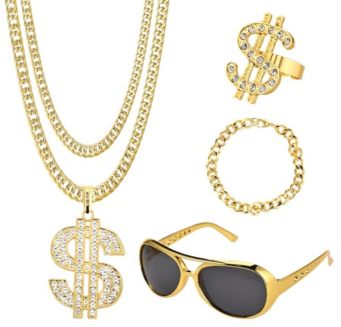 Tigvio 4 Stück Zuhälter Goldkette Fasching Kit, Hip Hop Gangster Rapper Kostüm Mit Herren Armbänder Ring Brillen, 70er 80er 90er Jahre Accessoires für Karneval Halloween Party