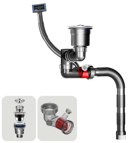 QruiLanTu Single Waste Drain Kit Space Saving Flexible Pipe Flexible P-Trap Waste Strainer with Kitchen Sink Drain Assembly,Suitable for Kitchen, Bathroom, RV