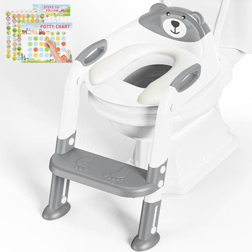 Toilettensitz Kinder mit Treppe, Upgraded WC Aufsatz für Kinder für Jungen und Mädchen, 2-in-1 Toilettentrainer mit Treppe, Höhenverstellbar Bequemer Sicherer Toilettensitze (Zwei Treppen)