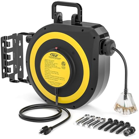 CRST 50 FT Retractable Extension Cord Reel, 14/3 SJTOW Weatherproof Power Cord with Lighted Triple Tap, 180° Swivel Wall/Ceiling Mount & Portable Handle for Garage, Workshop and Shop (13A/1625W)