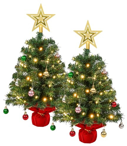 Mini-Weihnachtsbaum, 60 cm, Tisch-Weihnachtsbaum mit Lichtern, Baumspitze, Stern und Mini-Weihnachtskugeln, für Weihnachten, Zuhause, Küche, Esstisch, Dekoration, 2 Stück