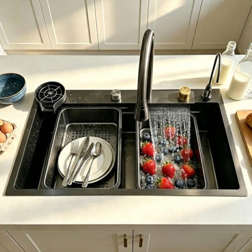 DSMRLEOP Nano-évier de cuisine en acier inoxydable, 75x45cm Évier multifonctionnel à cascade – Évier de travail à bac unique avec robinet coulissant, lave-verre à haute pression, planche à découper
