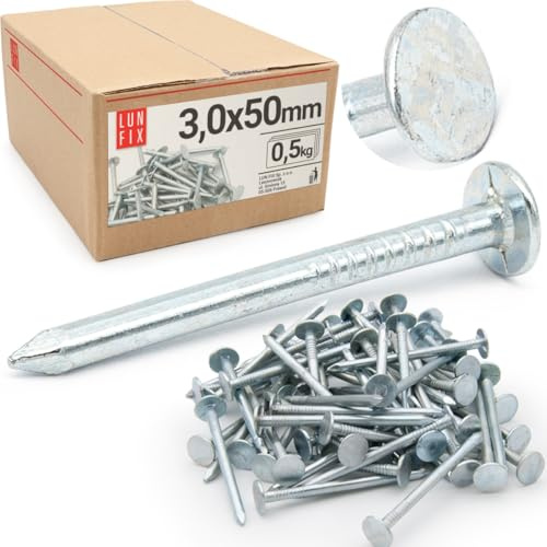 Lun Fix Dachpappennägel 3,0 x 50 mm - 0,5kg (ca. 165 stk.) Stahlnägel Verzinkter Kammzwecken Holznägel für Dachpappenverlegung Baunägel 50mm lang Drahtstifte Nägel Senkkopf Holzschraubennägel