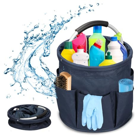 Cleaning Bucket Organiser Caddy with Handle,17L Cleaning Caddy Organiser,Portable Multi Pocket Large Capacity Cleaning Products Organiser,Foldable Storage Basket(Blue)