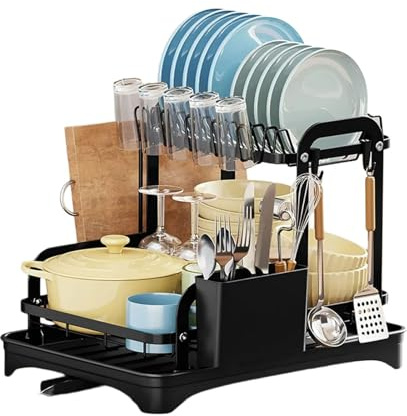Escurridor inclinado, soporte para utensilios con separador de cubiertos y rejilla de secado de platos de doble capa para cocina