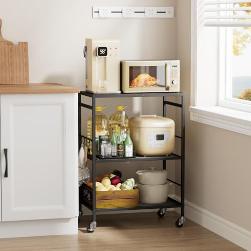 XIVIRACK 3-Tier Kitchen Cart with Adjustable Shelves - Microwave Storage Cart & Utility Rolling Organizer, Industrial Wheels for Small Spaces, 15.7x23.6x33.7 Kitchen Office Living Room Metal Rack