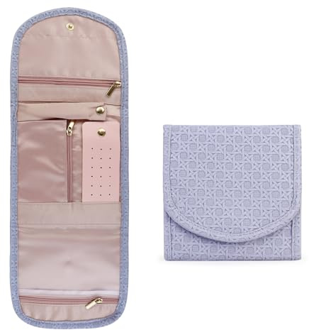 FuninCrea Rotolo di gioielli in ecopelle, compatto, da viaggio, con supporto per orecchini e porta anelli, pieghevole, per gioielli, da viaggio, per anelli, orecchini, collane, bracciali (viola)