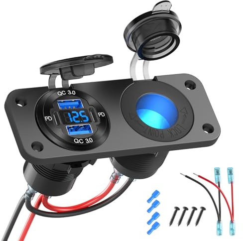 2025 Upgraded 4 Port 12 Volt USB Outlet Cigarette Lighter Socket Panel, Dual PD3.0 and Dual QC3.0 USB Ports Aluminum Car Charger with Voltmeter, Lighted 150W Socket, 2 in 1 DIY Kit for Boat RV, etc.