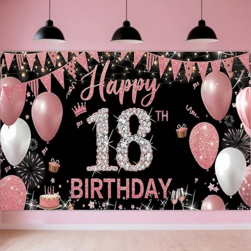 Bannière d'anniversaire 18 ans Noir Or rose 18 ans Décoration d'anniversaire Fille Extra Large Bannière en Tissu 180 x 110 cm 18e Décoration de fête Fond Décoration murale Décoration de table pour