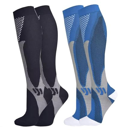 Yiortbe Muskel-Energie-Kompressions Herren & Damen-Socken 2 Paar professionelle Sommer dünn atmungsaktiv，Stützstrümpfe & Kompressionssocken für stehende Berufe, Flug und Sport,Blau + Schwarz