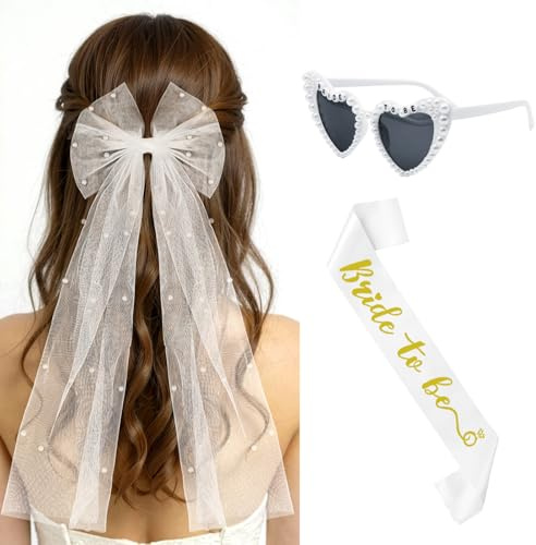 3 Stück JGA Accessoires Frauen Set – Weißer Schleier mit Perlen, Bride to Be Schärpe & Herz-Sonnenbrille, Team Bride Deko für Junggesellenabschied Frauen & Bachelorette Party Accessories