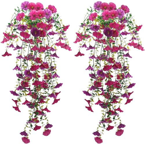 FreeBiz 2PCS Artificial Hanging Flowers 76cm Realistic Fake Plants Outdoor Morning Glory Artificial Flowers Indoor Fake Trailing Plants UV-Resistant Hanging Baskets for Home Garden Patio Wedding Decor