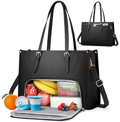 RAINSMORE Sac Cabas Femme Grand Format Sac a Main 15,6 Pouces Sac Ordinateur Femmes Cuir PU Sacs Travail Femme avec Compartiment Isotherme pour Universités Voyage Cours Noir