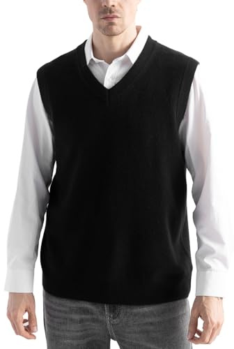 Chanyarn Hombre 100% Lana Merina de Jersey Sin Mangas Cuello Pico Ligero Otoño e Invierno Essentials Chalecos de Punto (Black,S)